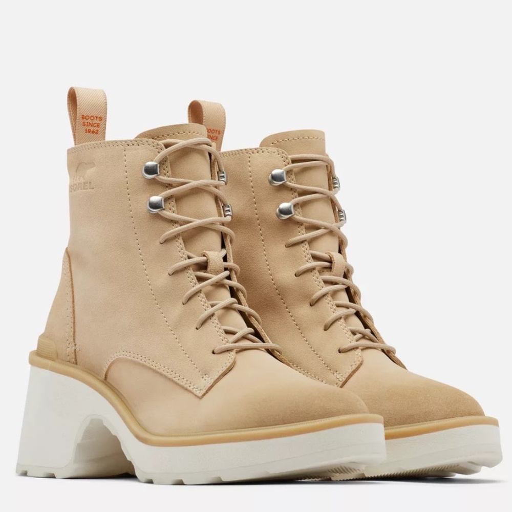 $200 SOREL Hi-Line Heel Lace Waterproof Boot Beige Size 8.5